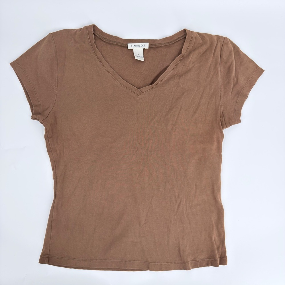 Harold's V Neck Tee Shirt Y2K Womens Size Medium Brown Cotton Short Sleeve Top